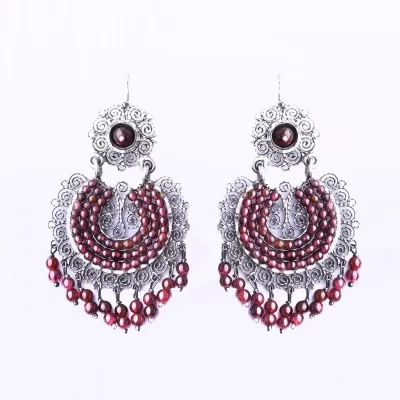 Filigree earrings with garnet banded front hoop earrings