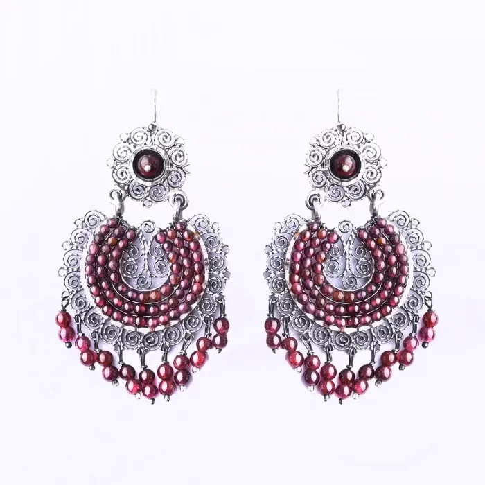 Filigree earrings with garnet banded front hoop earrings