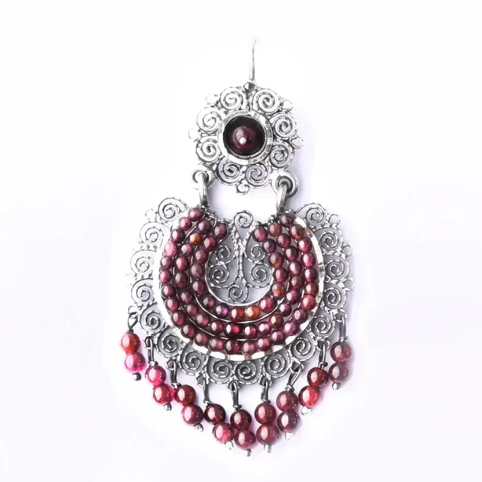 Filigree earrings with garnet banded front hoop earrings