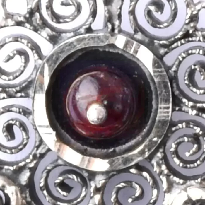 Filigree earrings with garnet banded front hoop earrings