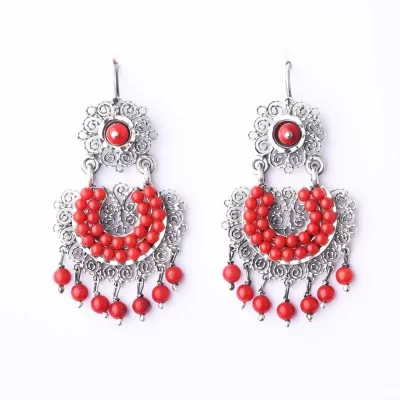Small filigree earrings, with front hoops with red band