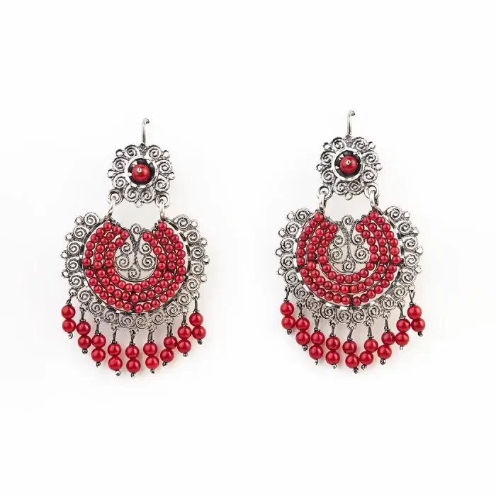 Filigree earrings with hoops and coral stone