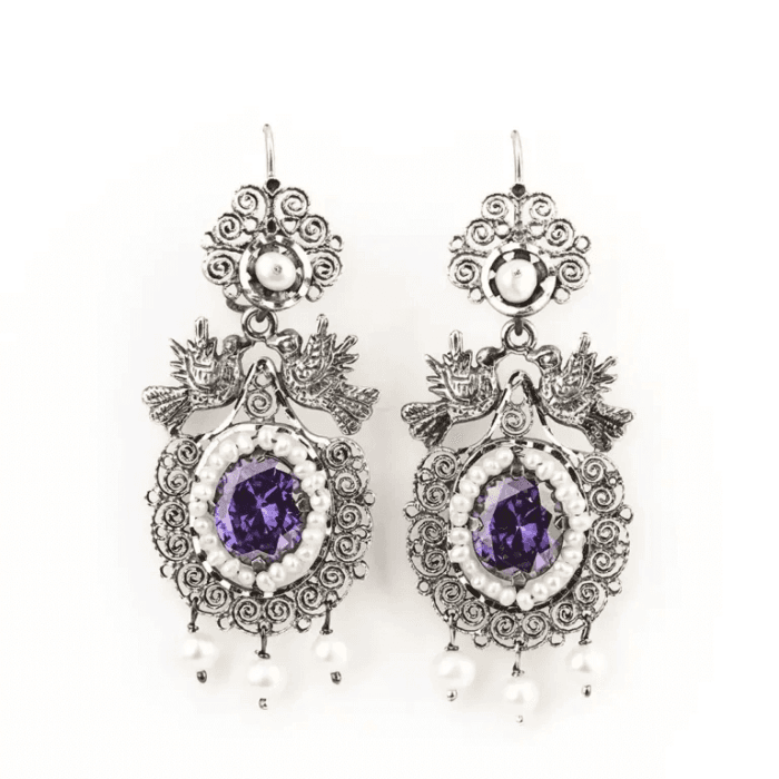 Aretes de filigrana con palomas y piedra amatista