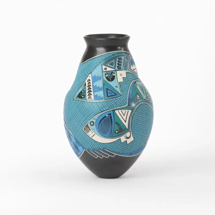 Black pot with blue fish