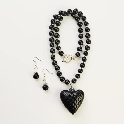 Black clay necklace with heart charm