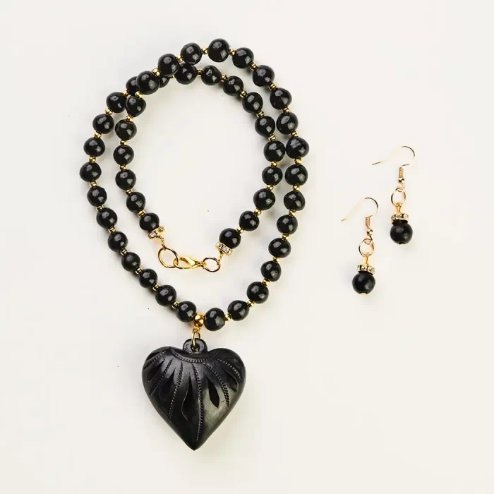 Black clay necklace with heart charm
