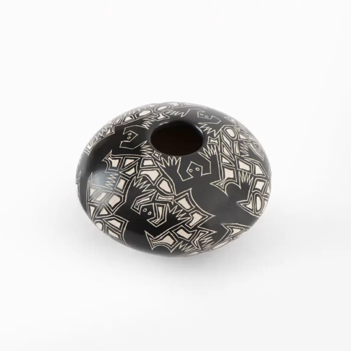 Black and white ceramic pot with different designs
