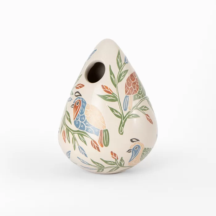 Ceramic honeycomb pot with multicolored design of birds and insects