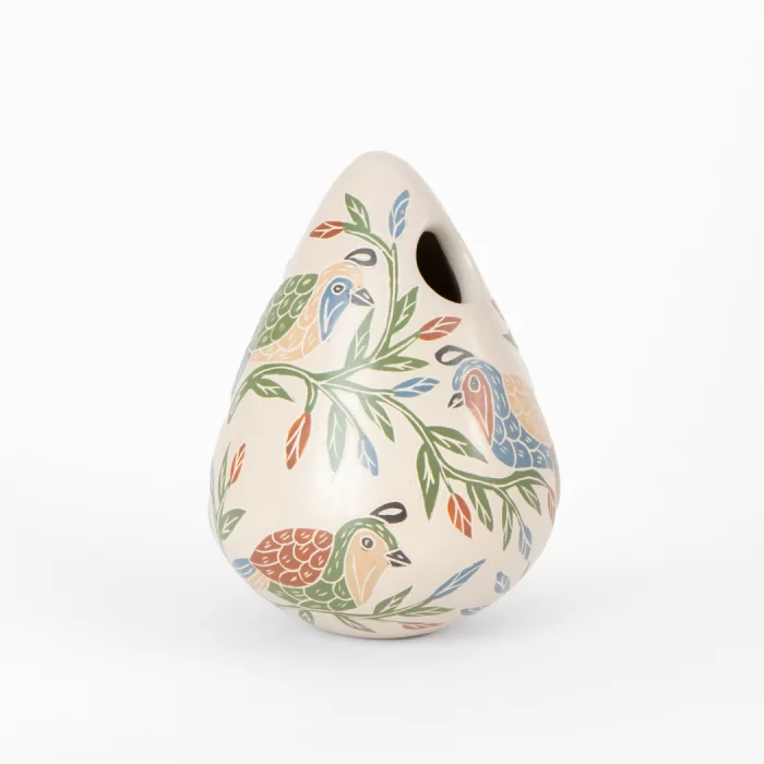 Ceramic honeycomb pot with multicolored design of birds and insects