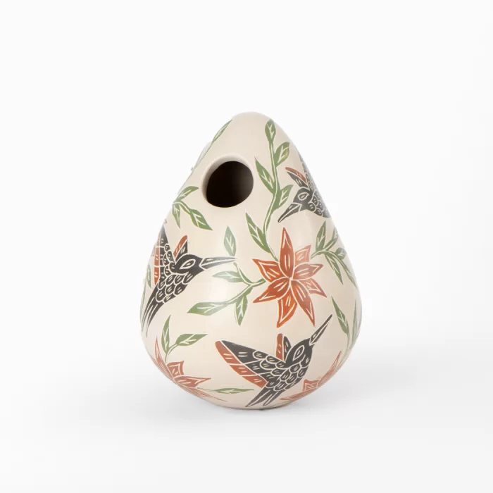 Ceramic honeycomb pot with multicolored design of birds and insects