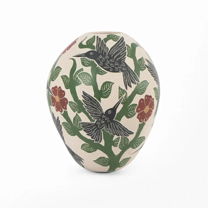 Mata Ortiz elongated ceramic pot with flower and hummingbird design