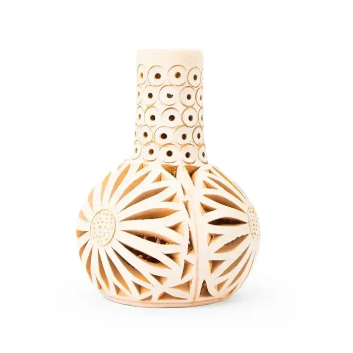 Little bottle with long neck and openwork clay